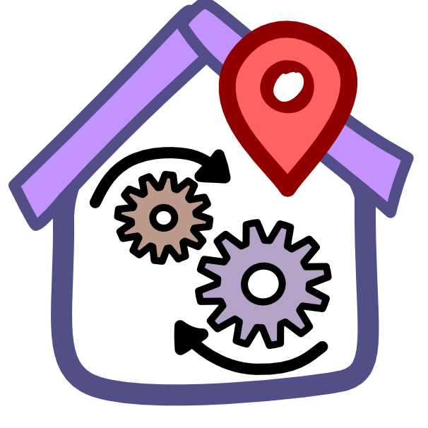 2 gears with curved black arrows around them indicating motion sit inside a house-shaped frame. The frame is purple with a light purple roof. Overlapping with the frame but originating inside it is a red location pin. The image has dark line art.